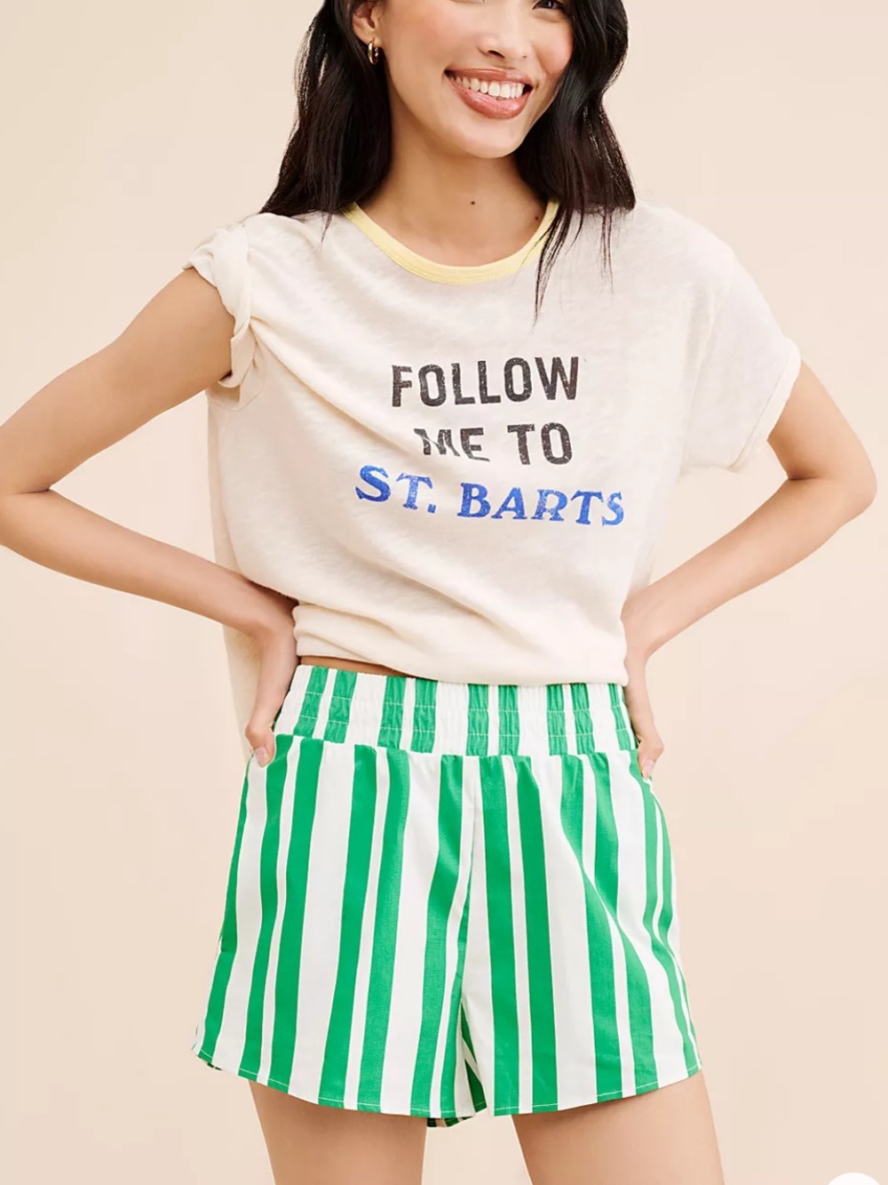 Show Me Your MuMu Green & White Vertical Stripe High-Waist Cotton Pull On Shorts - Picture 3 of 16